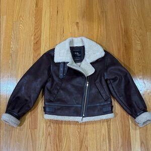 Shearling-Trim Faux Leather Jacket in Dark Brown Cropped